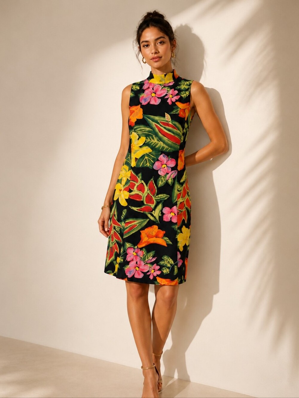 Vintage 80s Black Floral Dress Cut Out Sheath High Neck Boho Size M Dopamine